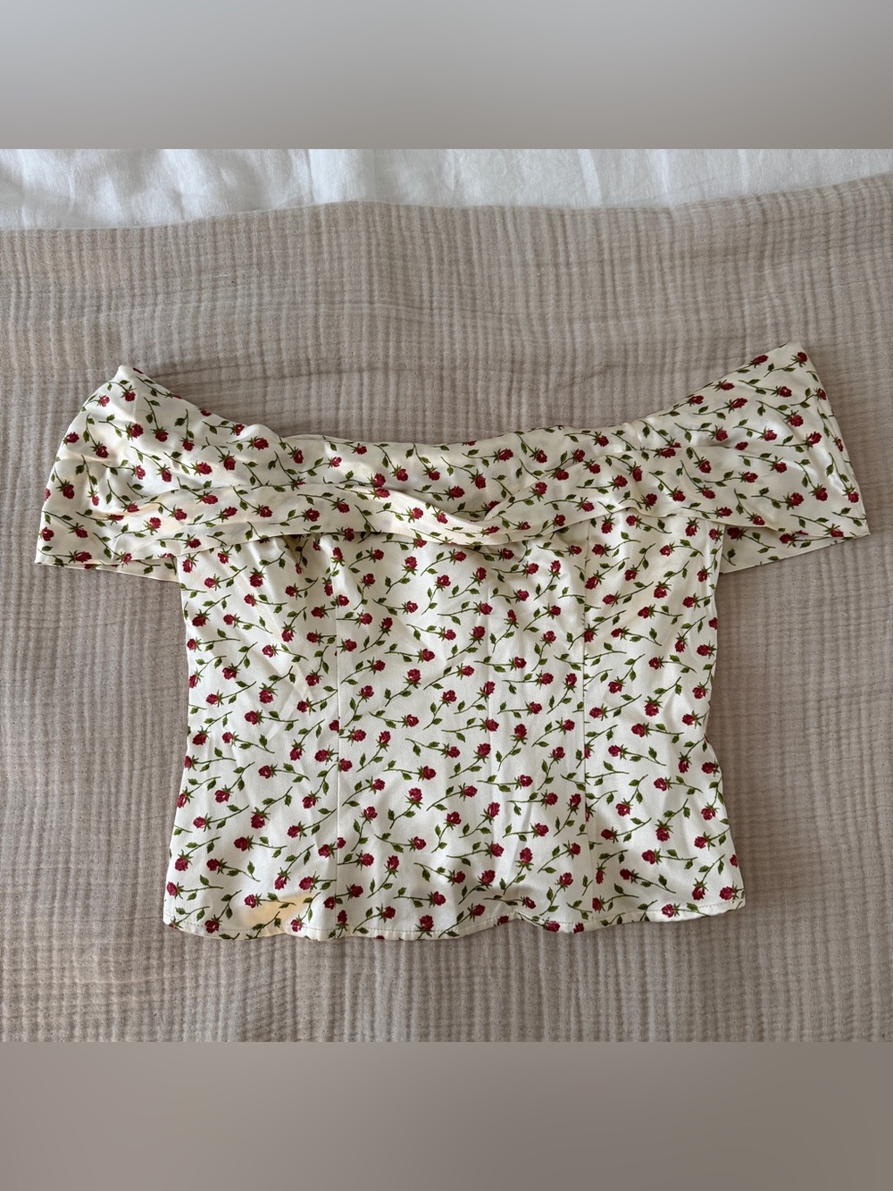 Reformation Cream Off-Shoulder Floral Top